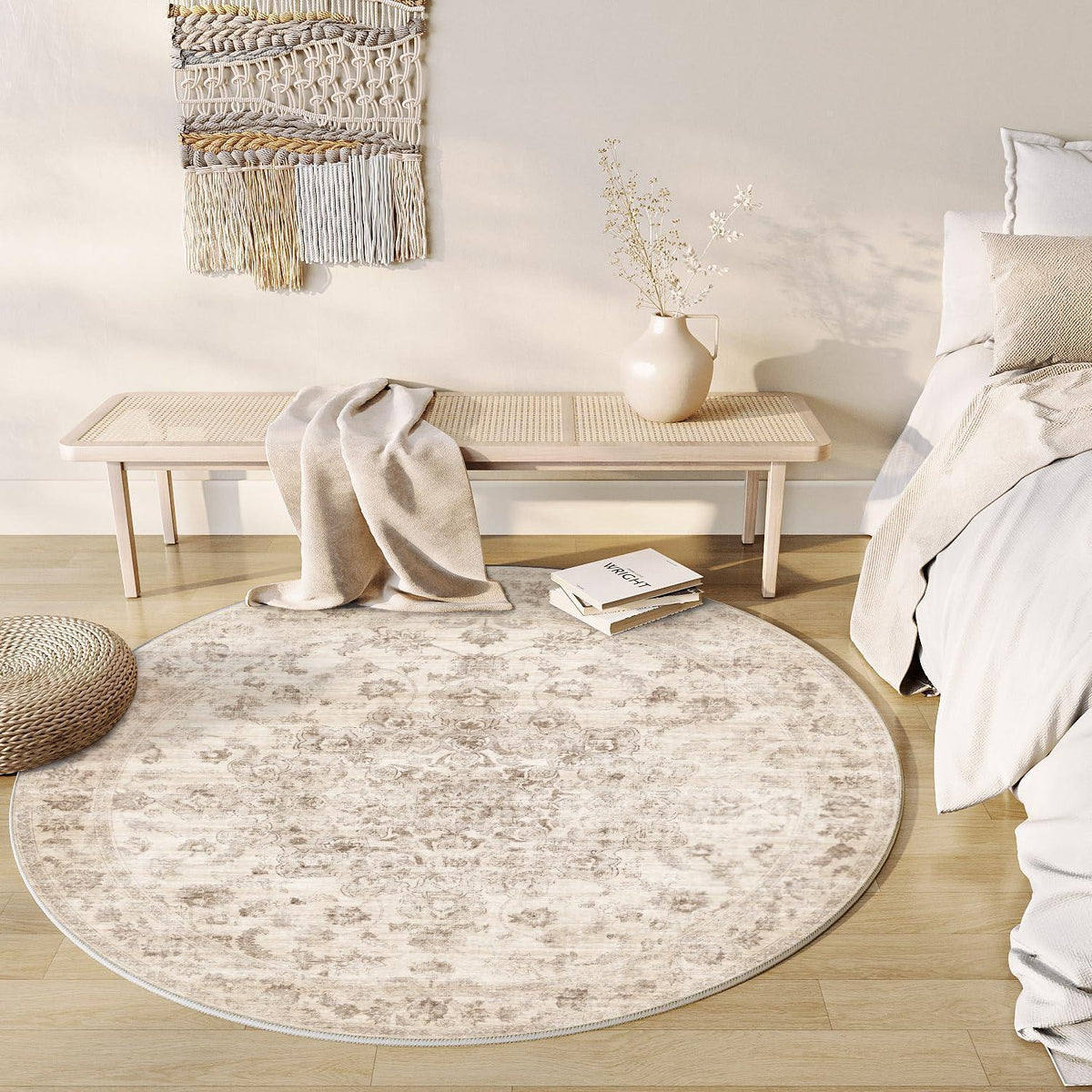 Runder Vintage Teppich 240cm Beige Waschbar – Wohnzimmer Teppich