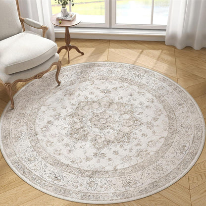 Runder Vintage Teppich Beige 180cm Waschbar & Rutschfest