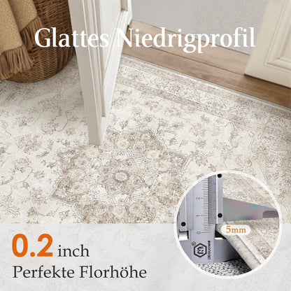 Runder Vintage Teppich Beige 180cm Waschbar & Rutschfest