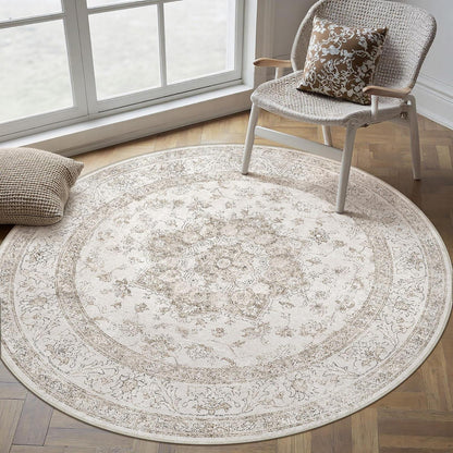 Runder Vintage Teppich Beige 180cm Waschbar & Rutschfest