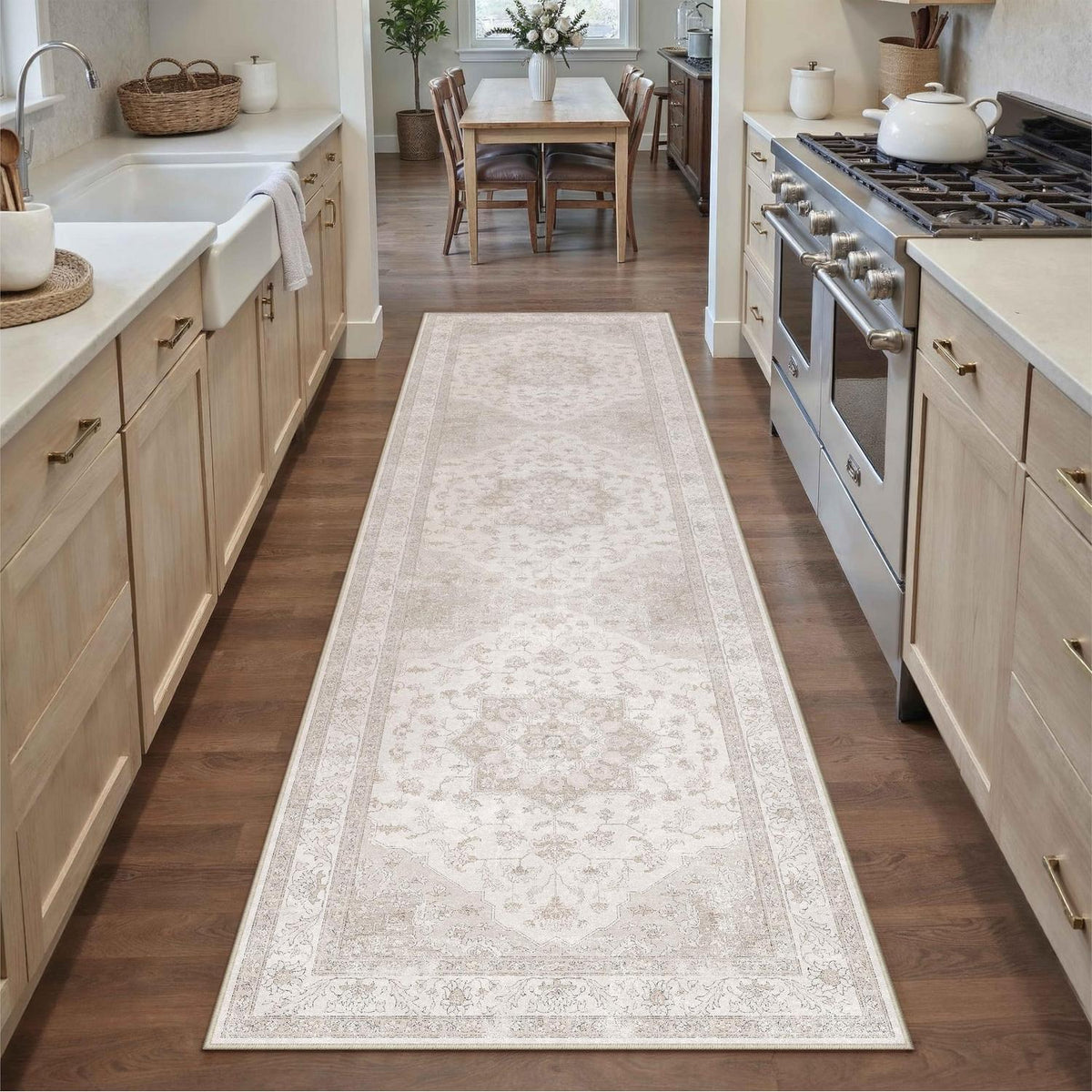 Vintage Läufer Beige 80x300cm – Waschbarer Flurteppich