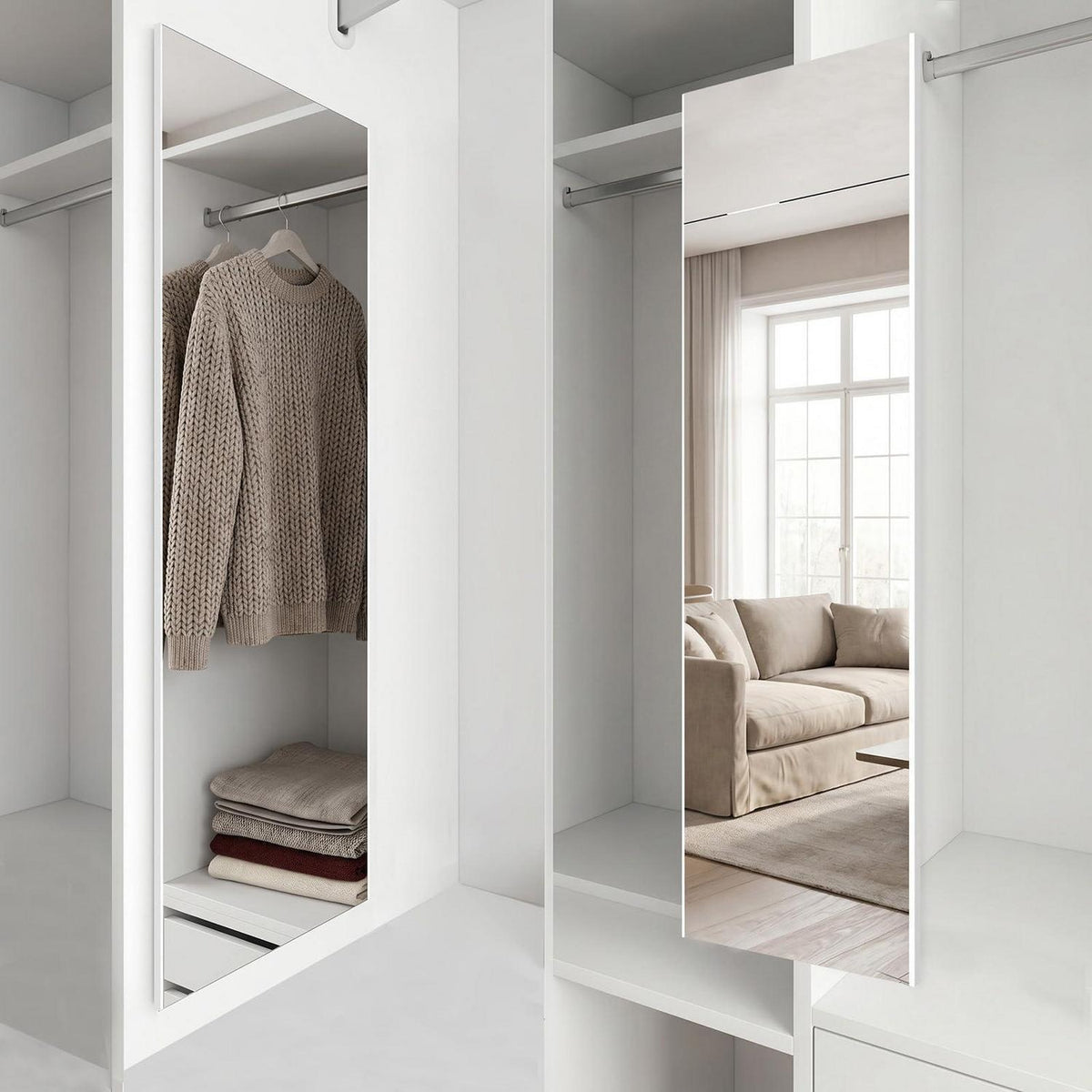Buchsicherer Schiebespiegel für Kleiderschrank, Weiß