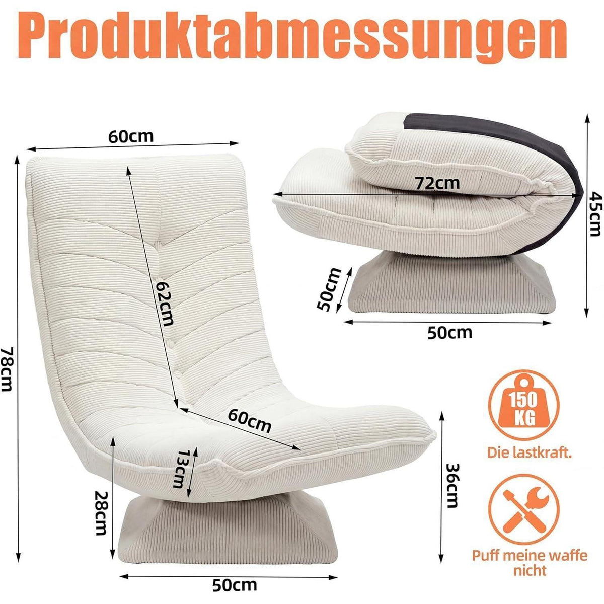 Verstellbarer Bodenstuhl Relaxsessel Beige – 360° Drehbar & Klappbar