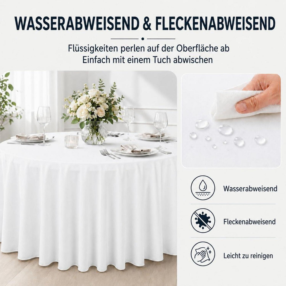 Runde Tischdecken Set 6er, Weiß, 305 cm – Waschbar & Fleckenabweisend