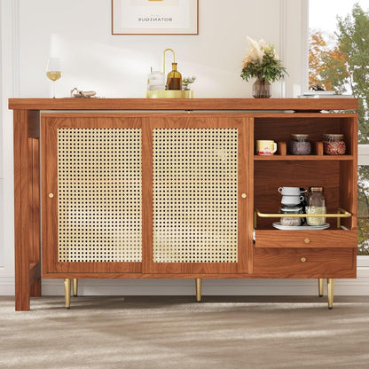 Drehbarer Esstisch mit Schrank & Rattan – Längverstellbar 120-187 cm