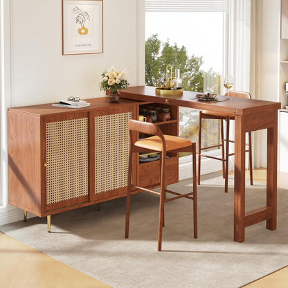 Drehbarer Esstisch mit Schrank & Rattan – Längverstellbar 120-187 cm
