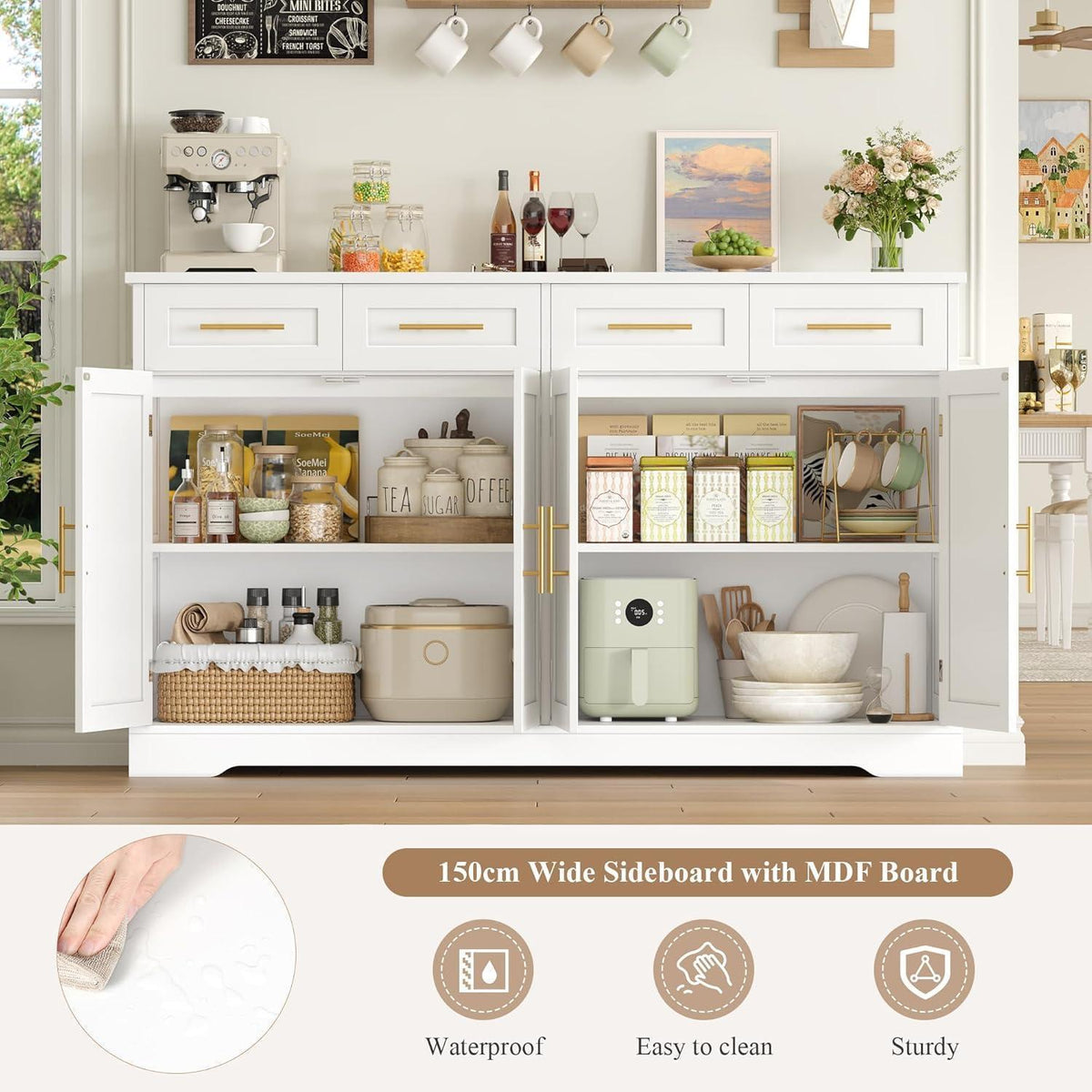Sideboard 150cm mit Arbeitsplatte – Küchenschrank Weiß