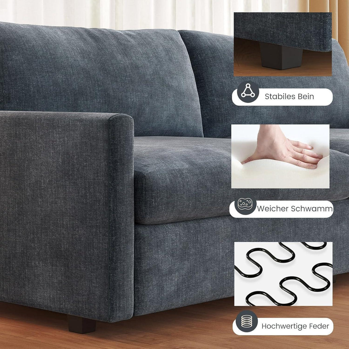 3-Sitzer Stoffsofa Blaugrau – Modernes Sofa 190 cm