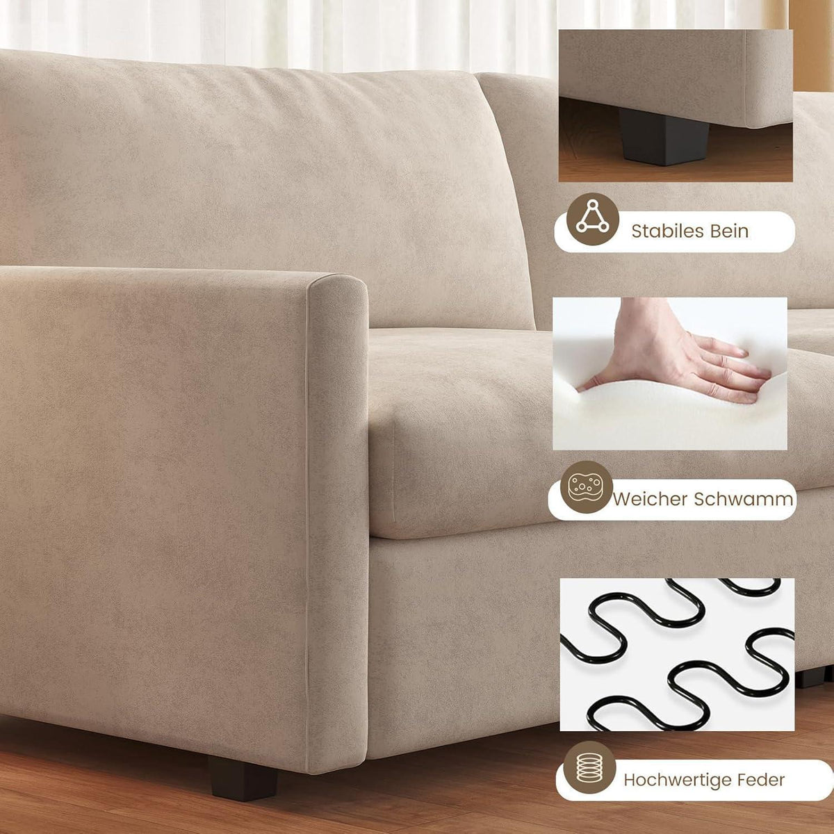 3-Sitzer Stoffsofa 190 cm – Modernes Wohnzimmer Sofa in Cremeweiß