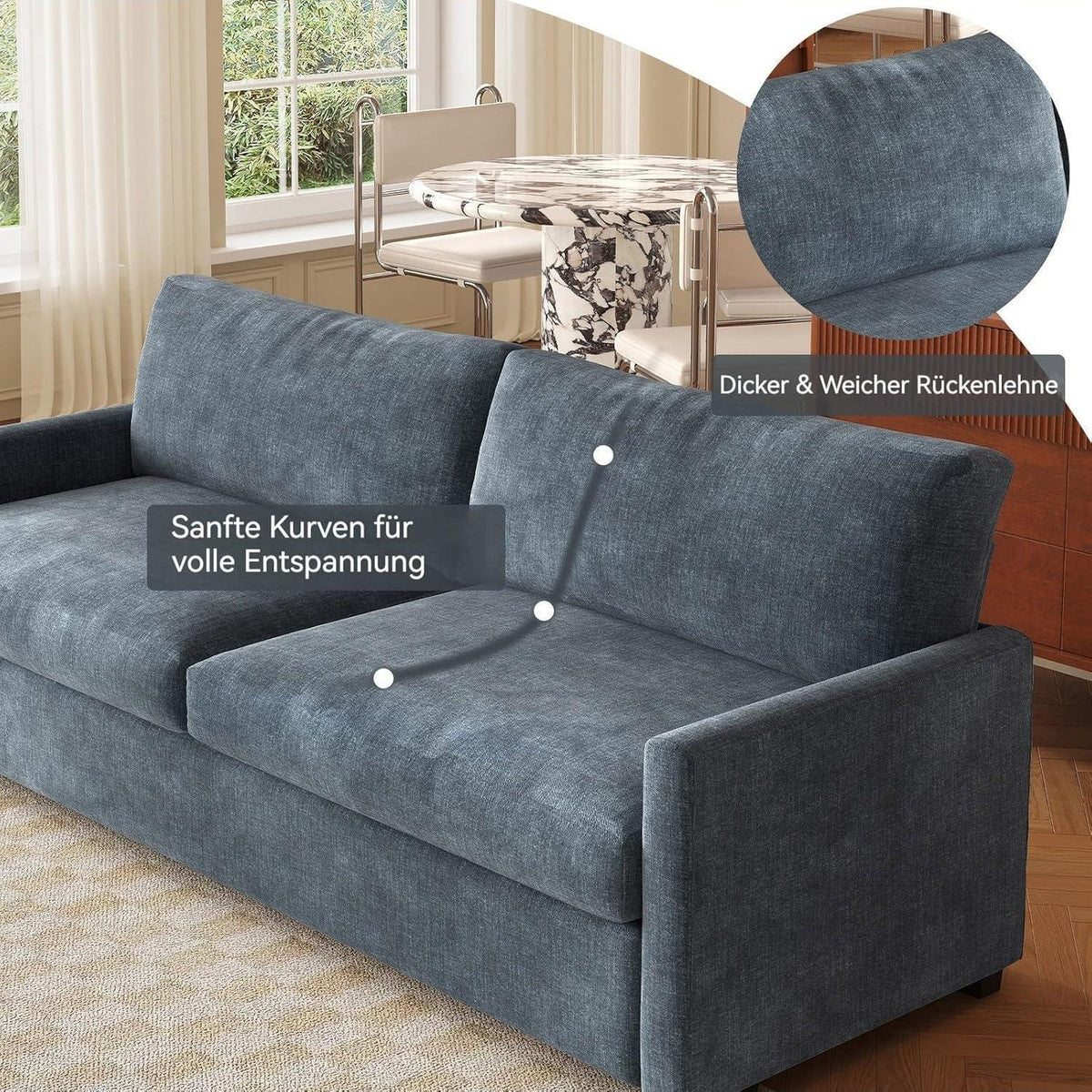 3-Sitzer Stoffsofa Blaugrau – Modernes Wohnzimmer Sofa 190cm