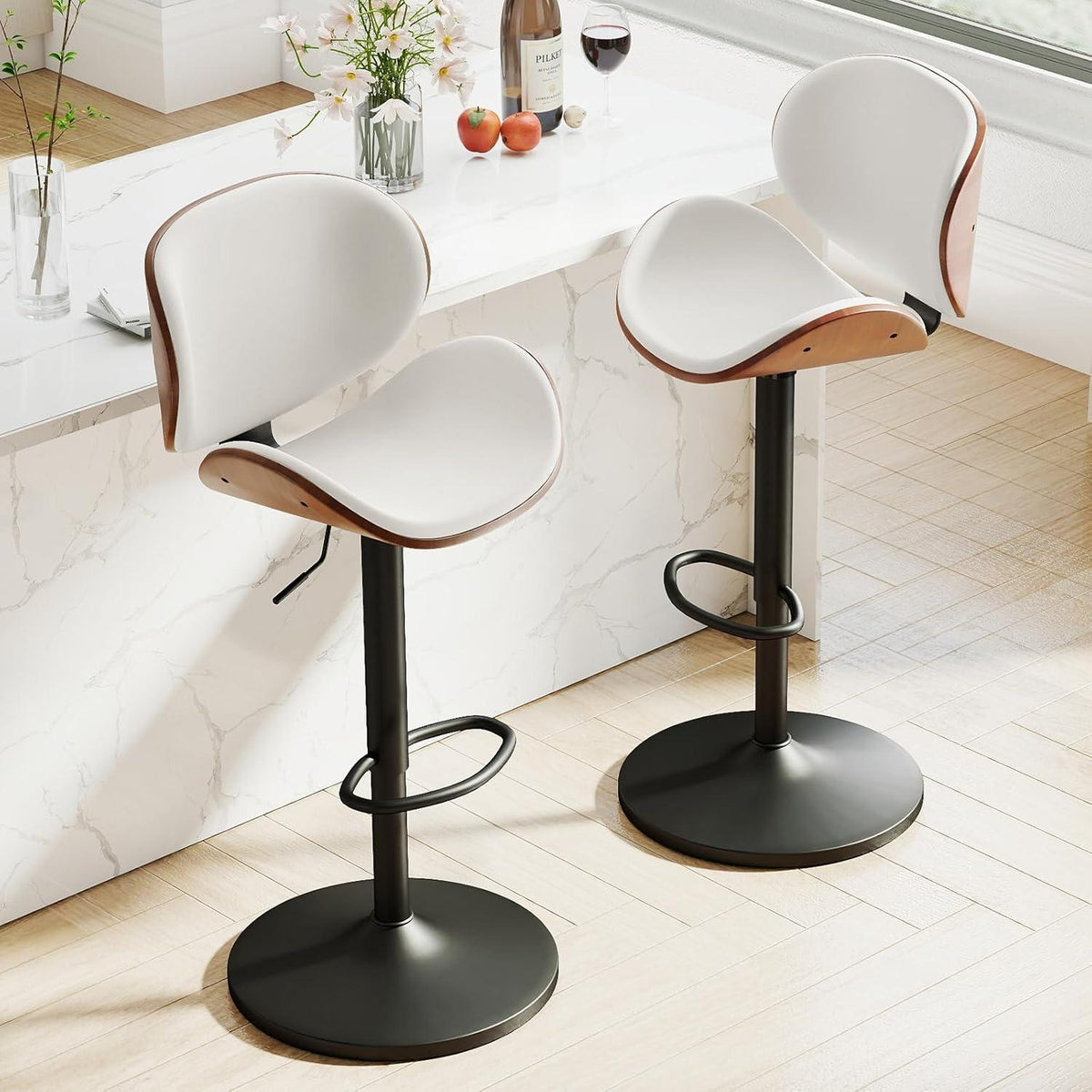Barhocker Set 2er – Höhenverstellbar, Holz, Weiß in Lederoptik