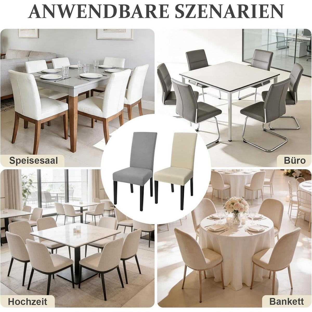 Elastische Stuhlhussen 6er Set - Hellgrau & Beige