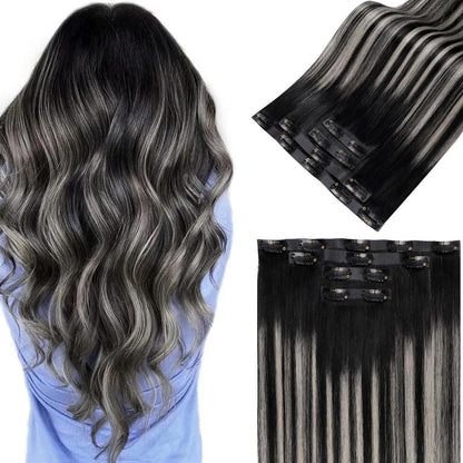 Echthaar Clip-in Extensions Schwarz Silber Ombre 45cm