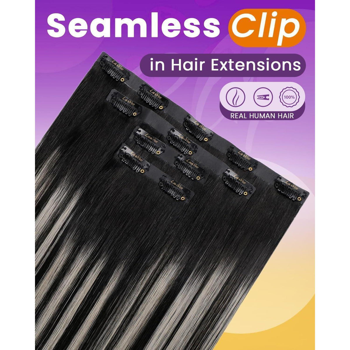 Echthaar Clip-in Extensions Schwarz Silber Ombre 45cm