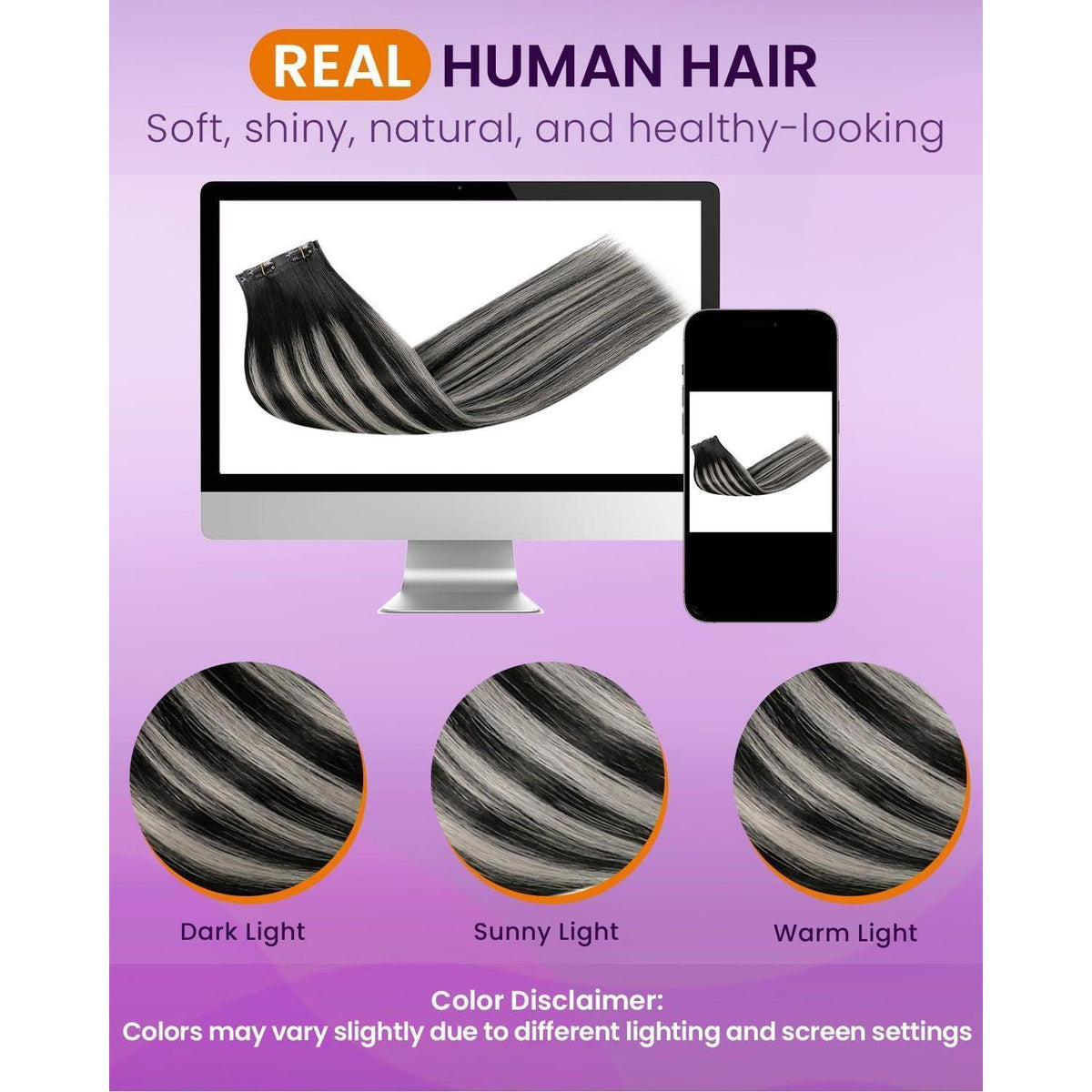 Clip-in Echthaar Extensions Schwarz Silber 50cm