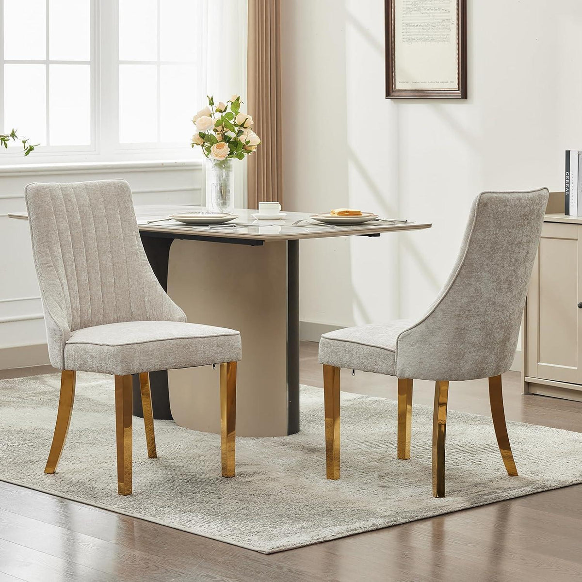 Bequeme Esszimmerstühle 2er-Set, Beige mit Goldbeinen