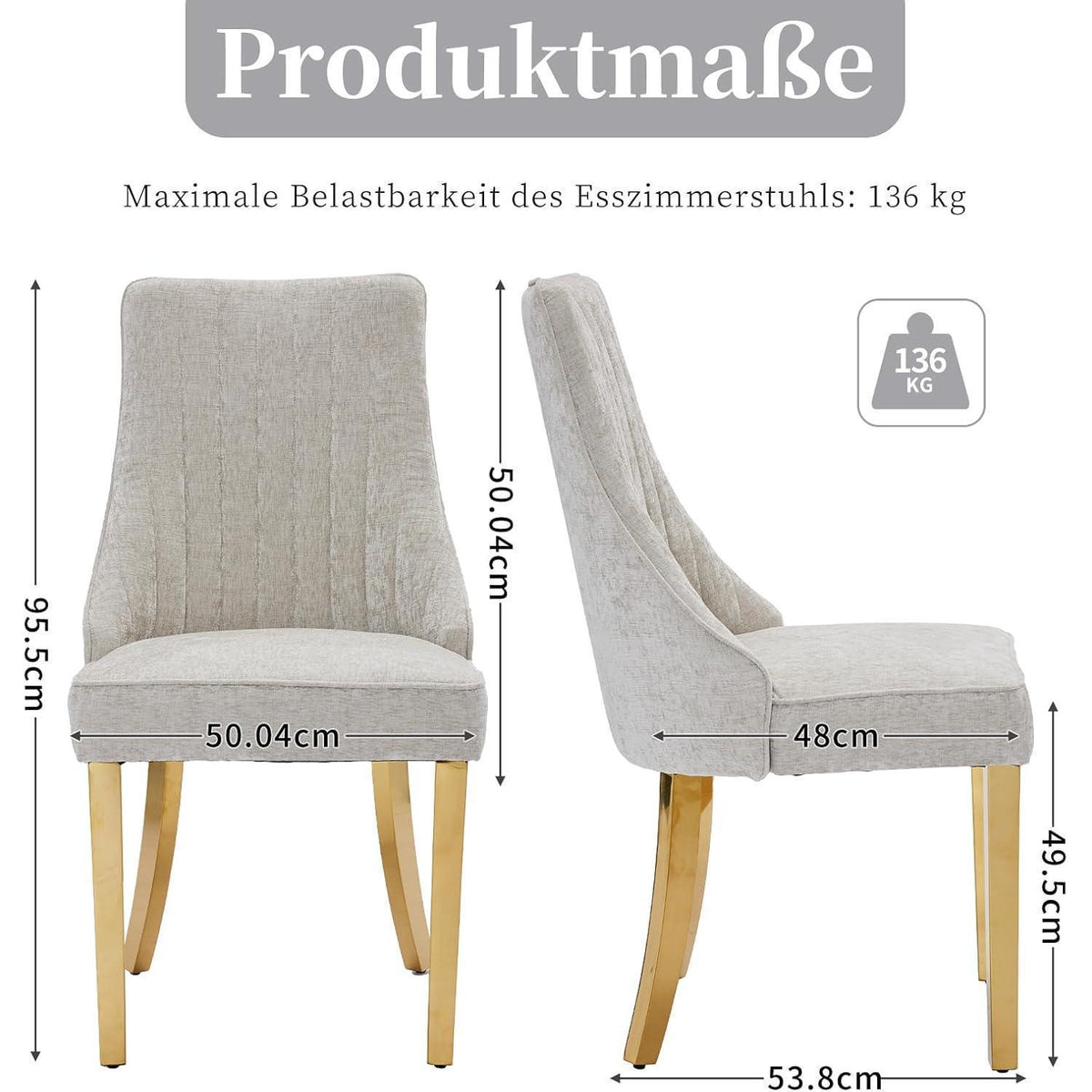 Bequeme Esszimmerstühle 2er-Set, Beige mit Goldbeinen