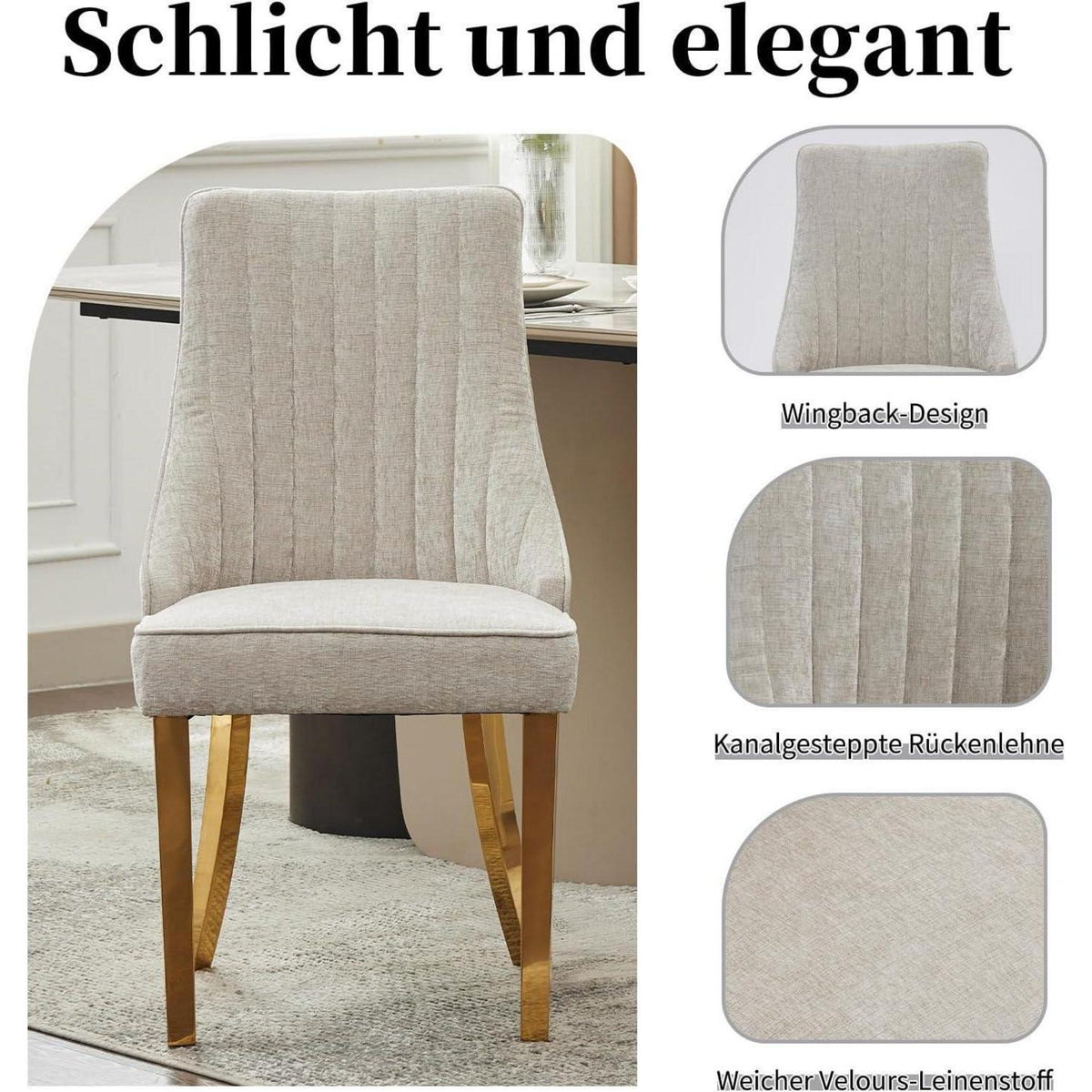Bequeme Esszimmerstühle 2er-Set, Beige mit Goldbeinen