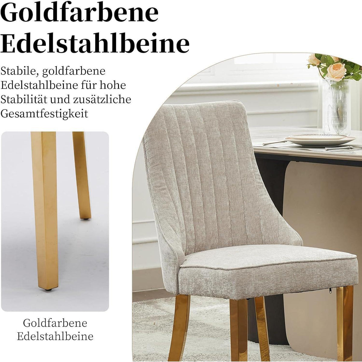 Bequeme Esszimmerstühle 2er-Set, Beige mit Goldbeinen