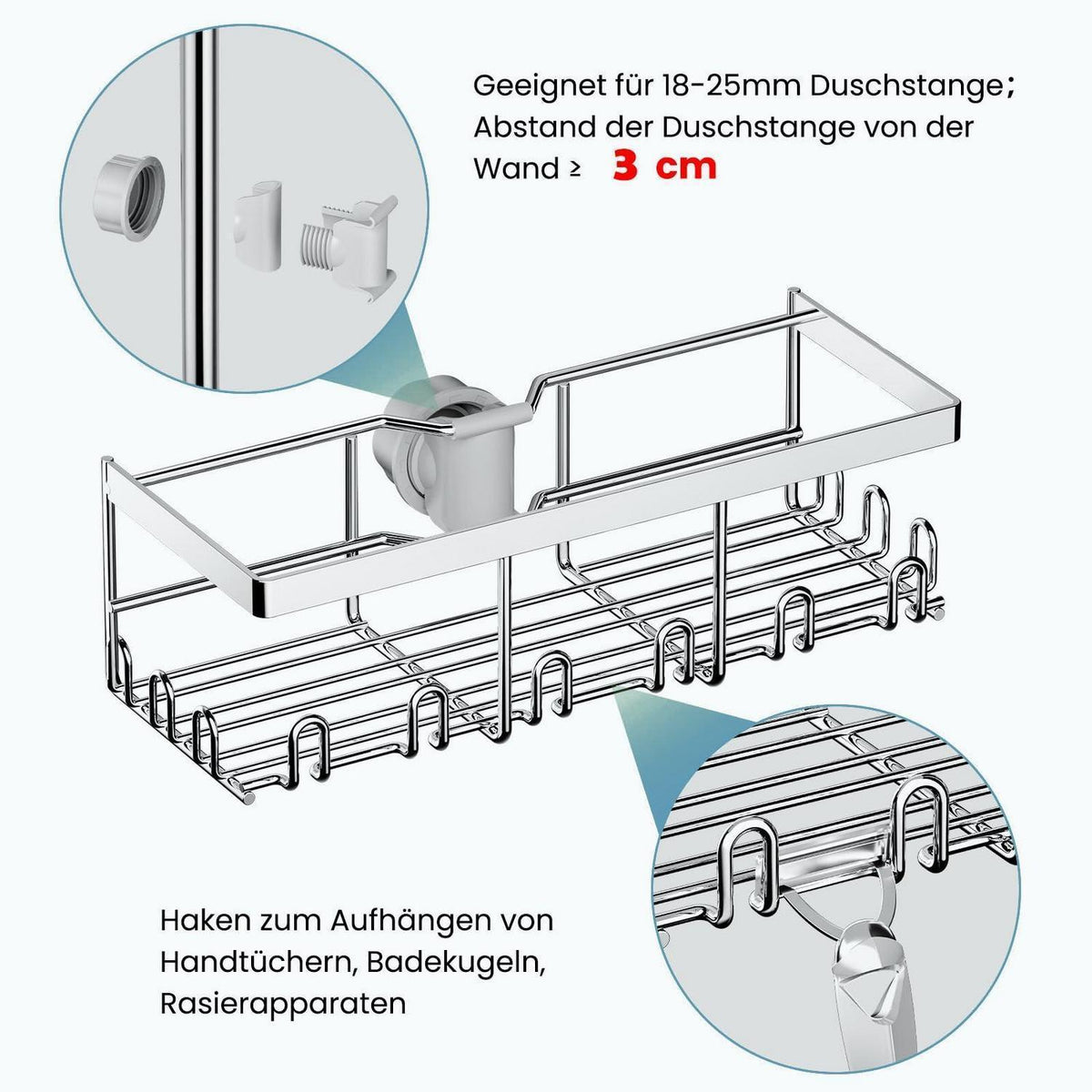 Duschablage 2er-Set für runde Stange – mit 24 Haken & viel Stauraum