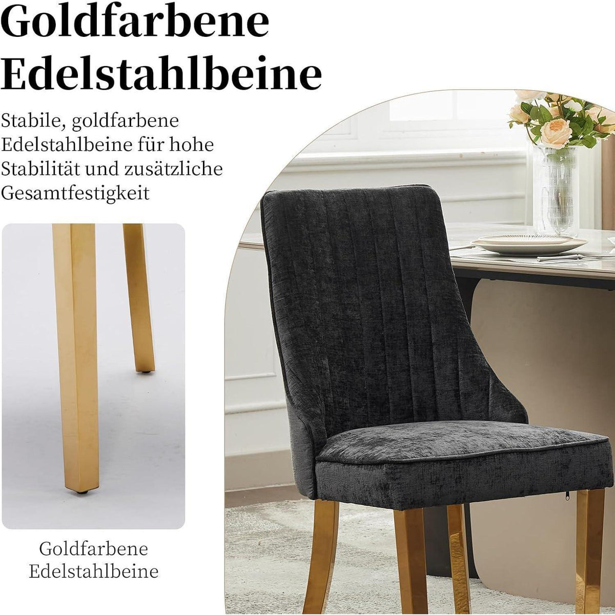 Esszimmerstühle 6er Set, Stoff & Goldene Edelstahlbeine