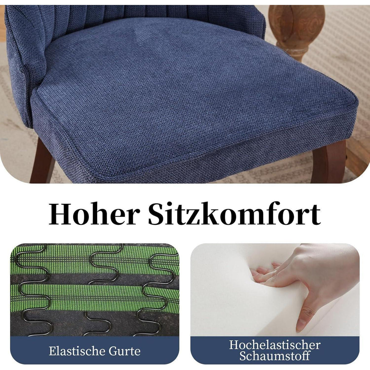 Esszimmerstühle Set 4 Blau, Bequeme Polsterstühle mit Holzbeinen