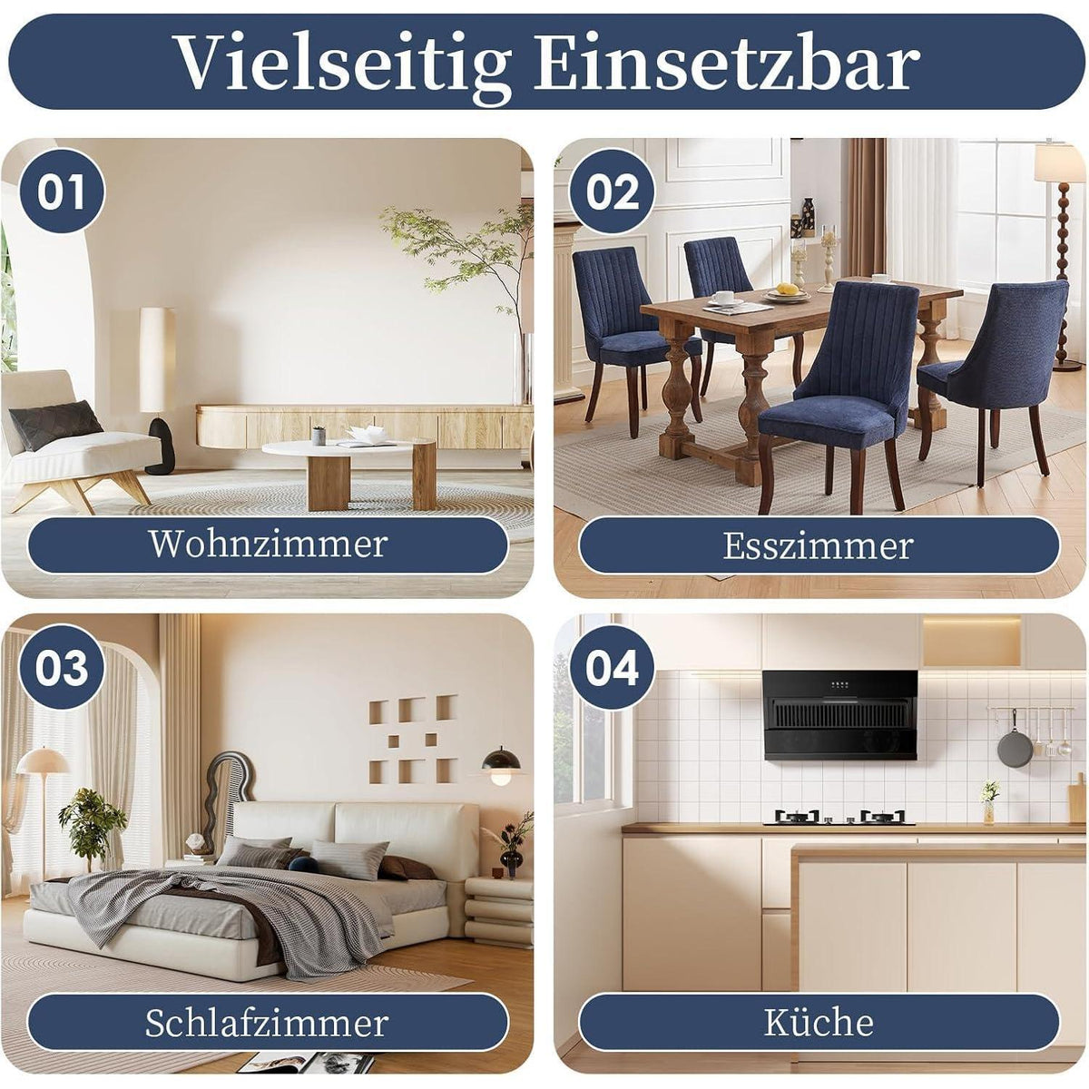 Esszimmerstühle Set 6 Blau, Bequeme Polsterstühle mit Holzbeinen