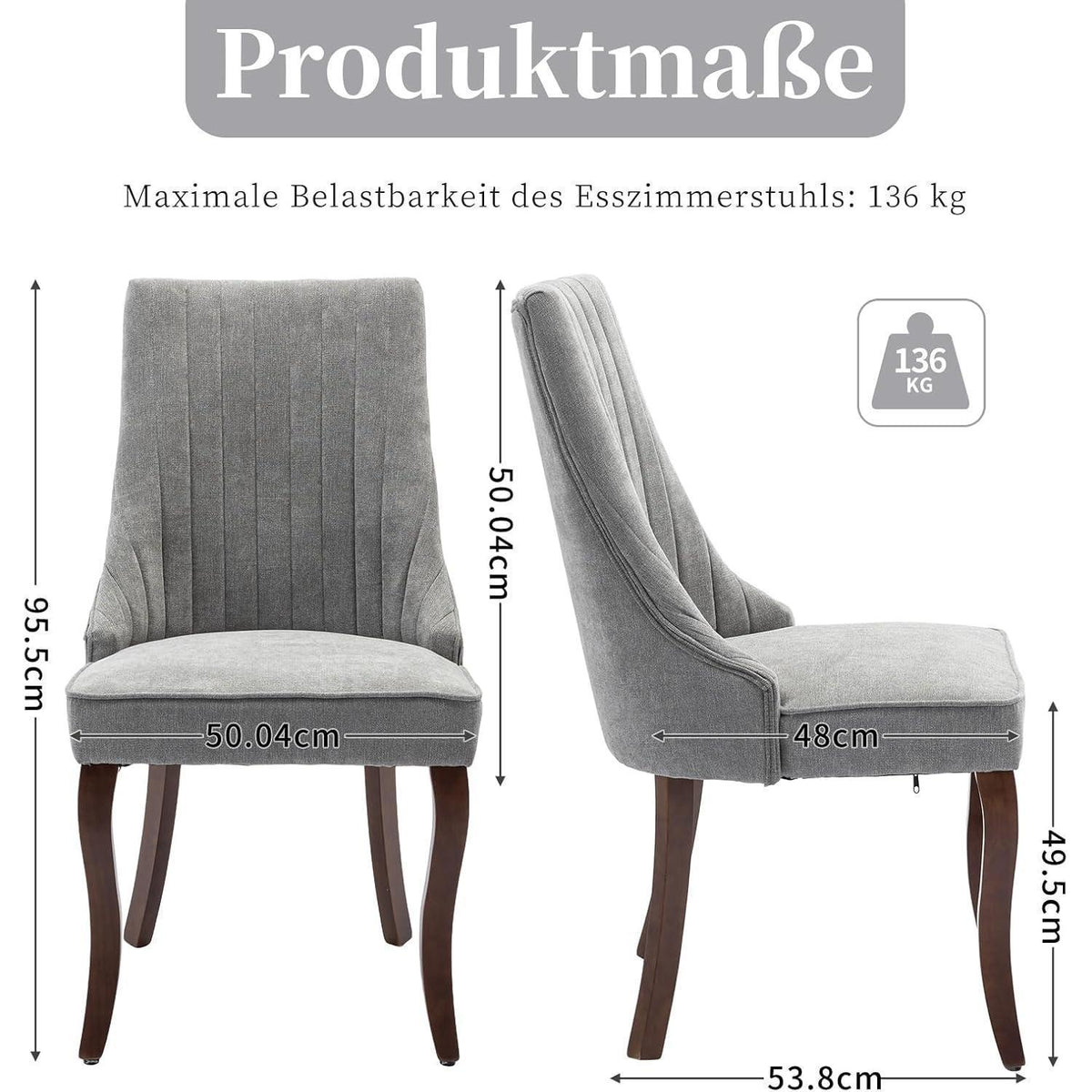 Esszimmerstühle Grau 6er Set, Bequeme Polsterstühle mit Holzbeinen