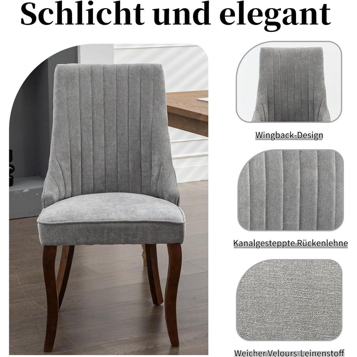 Esszimmerstühle Grau 6er Set, Bequeme Polsterstühle mit Holzbeinen