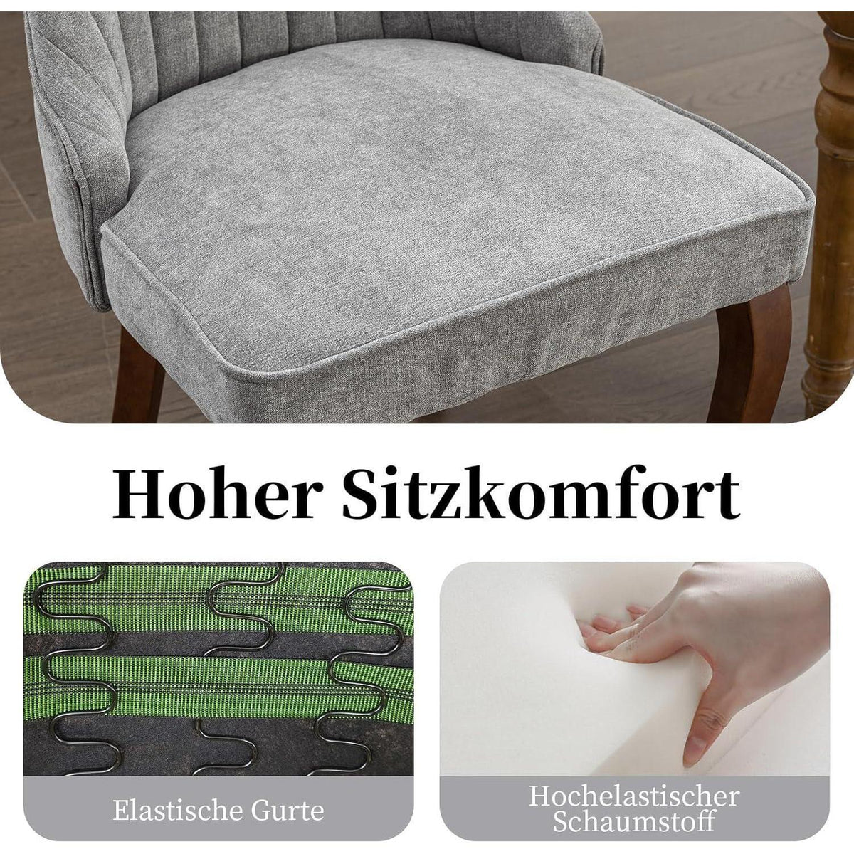 Esszimmerstühle Grau 6er Set, Bequeme Polsterstühle mit Holzbeinen
