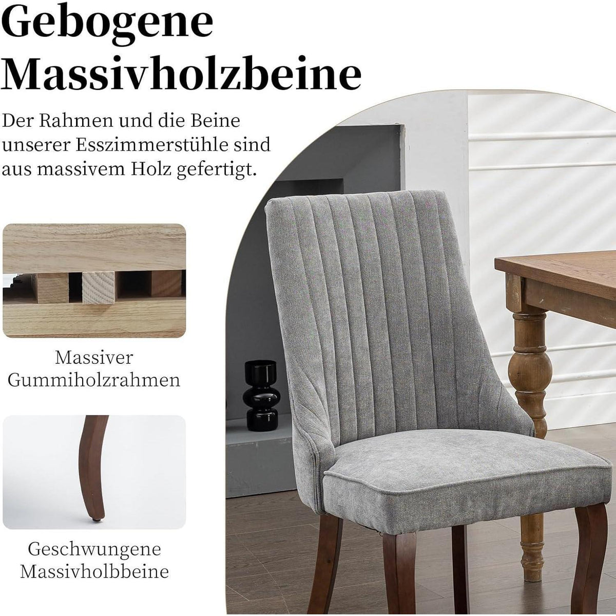 Esszimmerstühle 2er Set Grau, Stoff & Massivholz