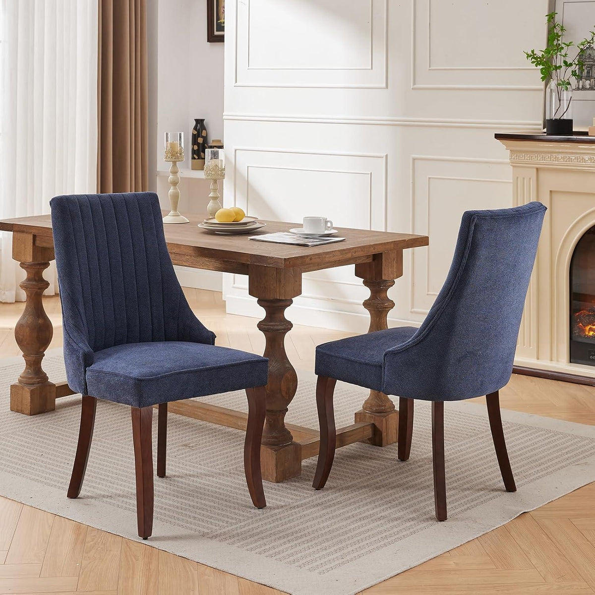 Bequeme Esszimmerstühle 2er Set, Blau mit Massivholzbeinen