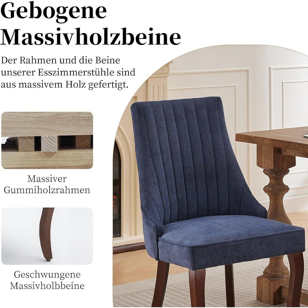 Bequeme Esszimmerstühle 2er Set, Blau mit Massivholzbeinen