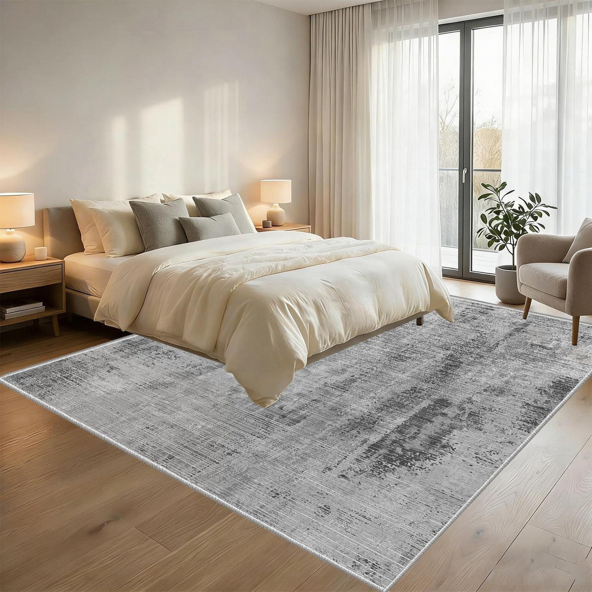 Grauer Wohnzimmerteppich 160x200cm – Moderner Kurzflor Teppich