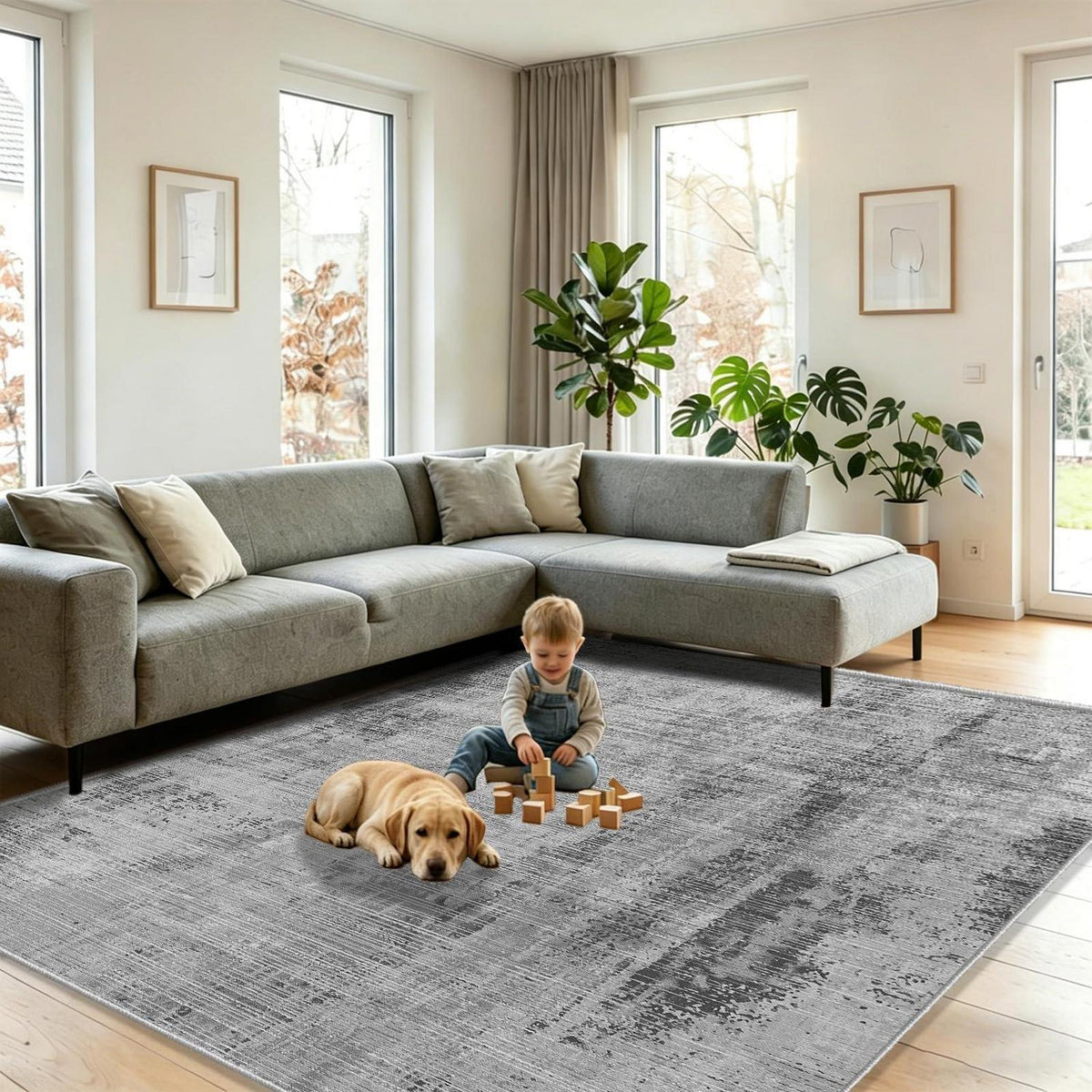 Grauer Wohnzimmerteppich 160x200cm – Moderner Kurzflor Teppich