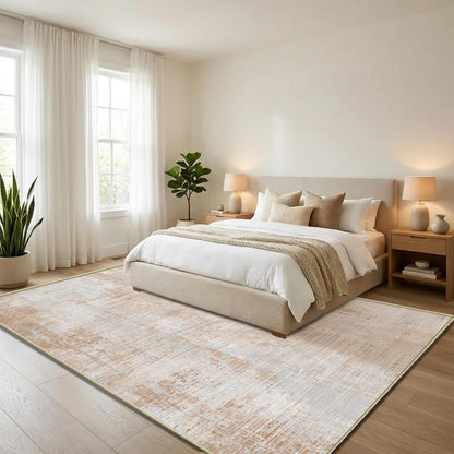 WUTONG Teppich Wohnzimmer 160x200cm Hellbraun Sand – Waschbar & Vintage