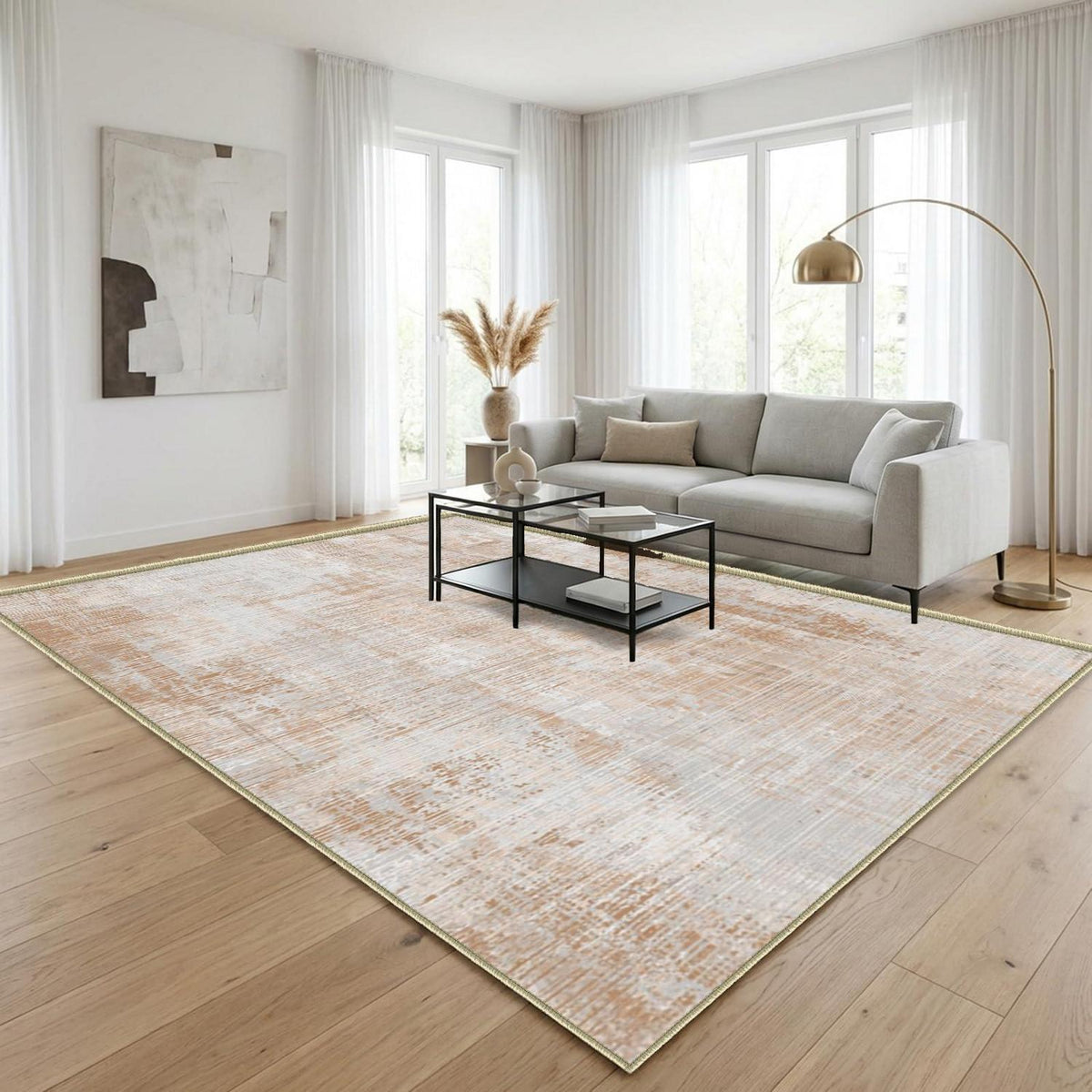 WUTONG Teppich Wohnzimmer 160x200cm Hellbraun Sand – Waschbar & Vintage