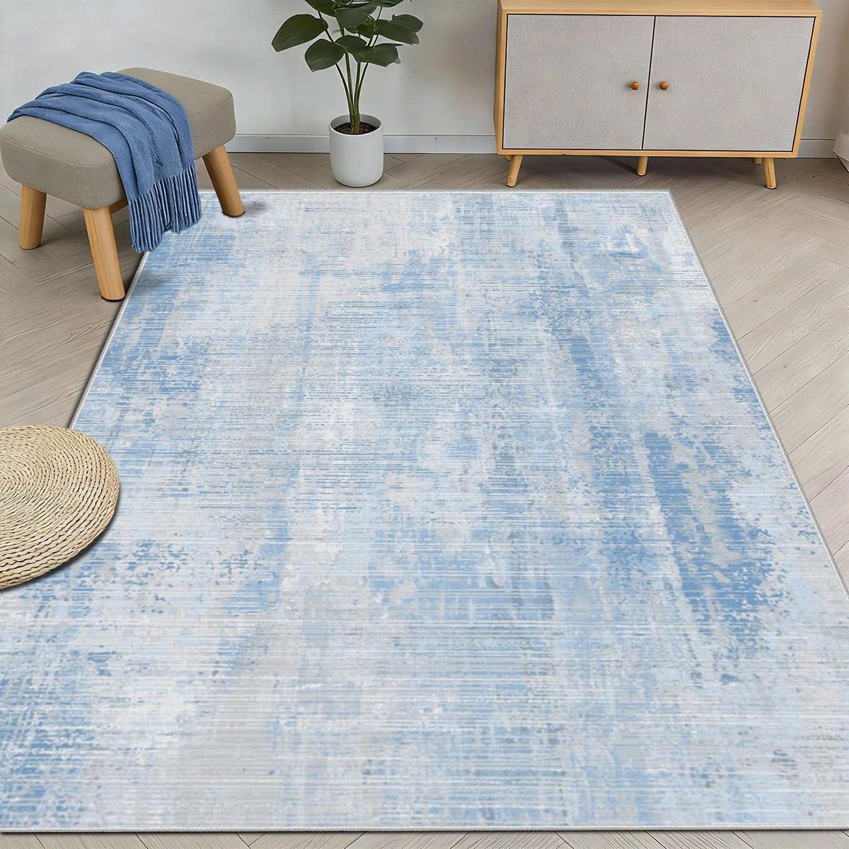 Blauer Teppich 160x230cm – Waschbar, Modern, Kurzflor & Rutschfest