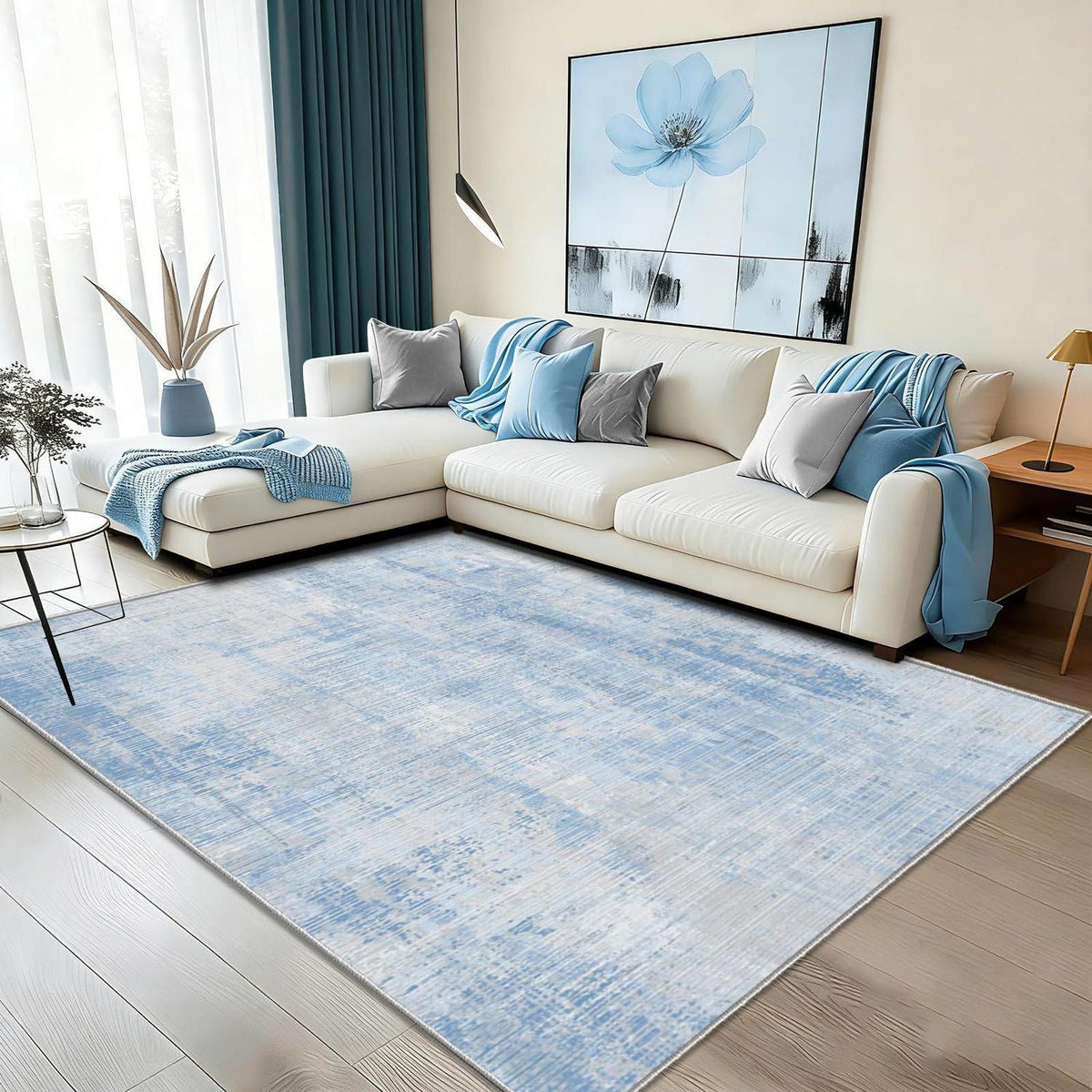 Blauer Teppich 160x230cm – Waschbar, Modern, Kurzflor & Rutschfest