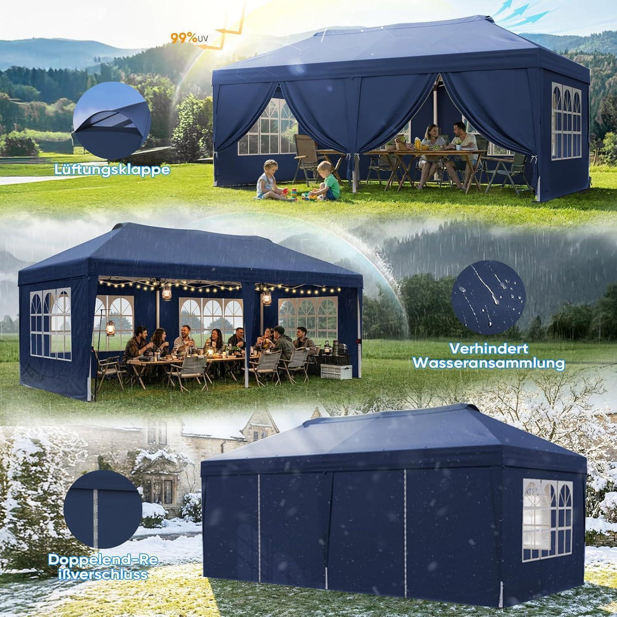 Faltpavillon 3x6m mit Seitenwänden & UV-Schutz – Blau