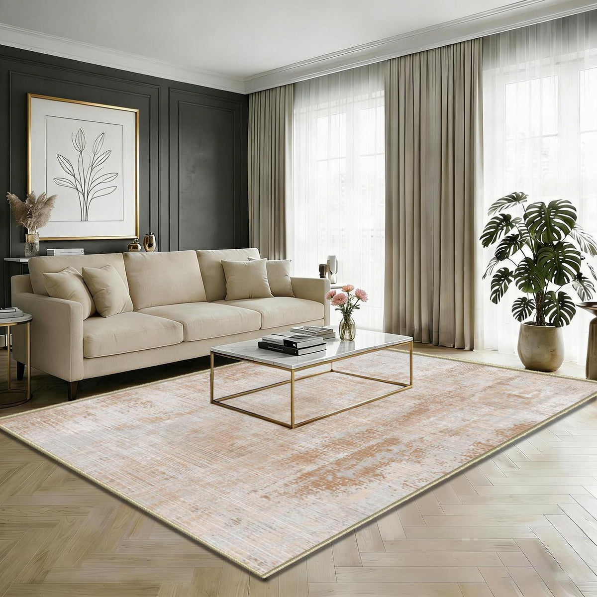 Großer Vintage Teppich 200x300cm – Hellbraun, Abstrakt & Waschbar