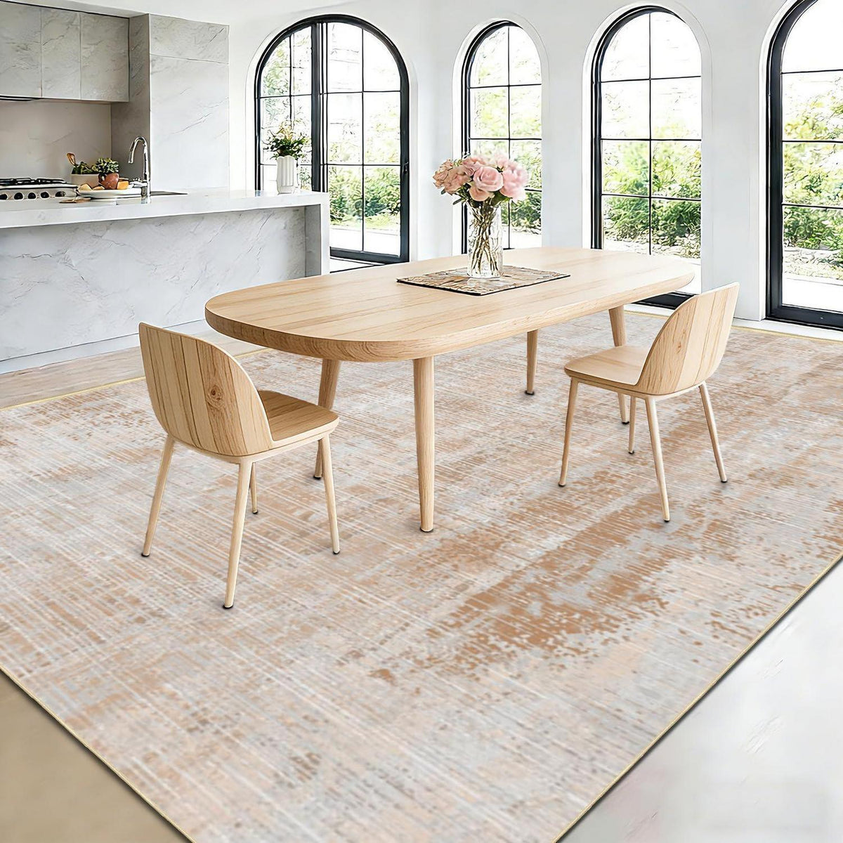 Großer Vintage Teppich 200x300cm – Hellbraun, Abstrakt & Waschbar