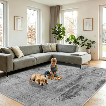 Grauer Teppich 200x300cm – Moderner Kurzflor Wohnteppich
