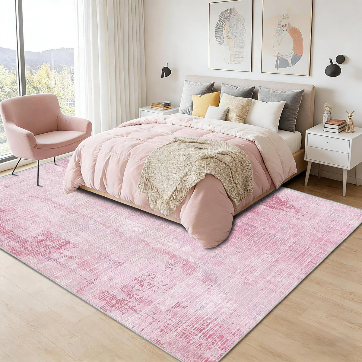 Rosa Vintage Teppich 160x230cm – Weicher Kurzflor Wohnteppich