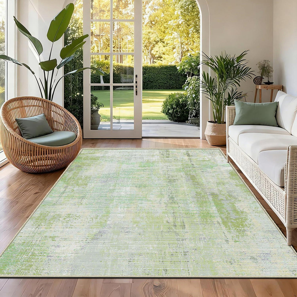 Grüner Teppich 140x200 – Abstrakter Kurzflor Wohnteppich