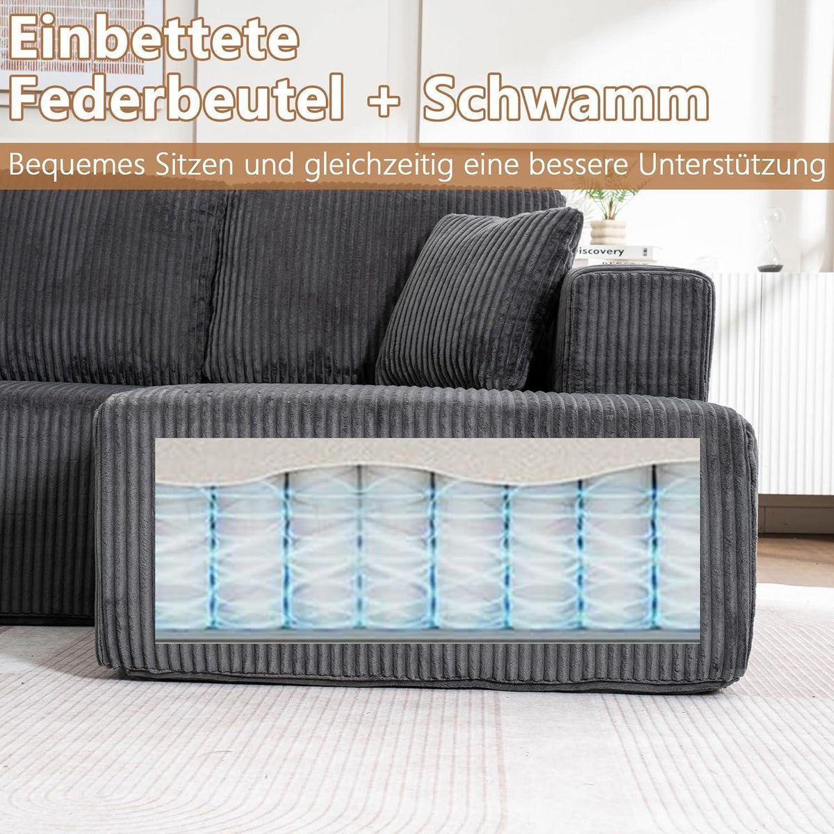 Modernes U-Sofa 4-Sitzer mit Kissen, Grau, Cord Stoff, Kein Aufbau