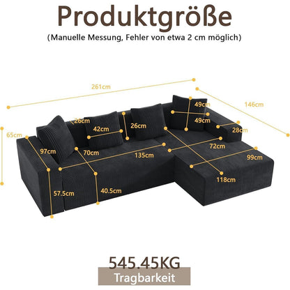 Modernes 3-Sitzer Sofa mit Liegefunktion & Kissen (Schwarz)