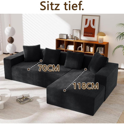 Modernes 3-Sitzer Sofa mit Liegefunktion & Kissen (Schwarz)