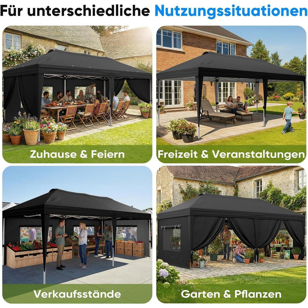 Faltpavillon 3x6m wasserdicht mit Seitenwänden & UV-Schutz