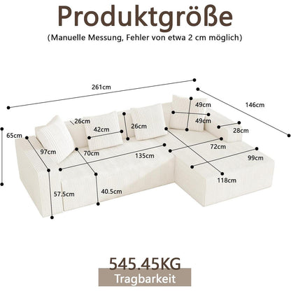 Modernes 3-Sitzer Sofa mit Liegefunktion & Kissen (Weiß)